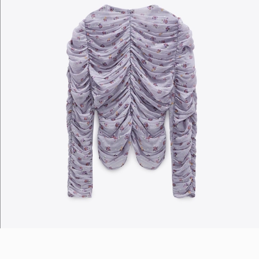 ZARA PRINTED BLOUSE XS PURPLE FLORAL GATHERED DETAILS RUCHED LONG SLEEVE
